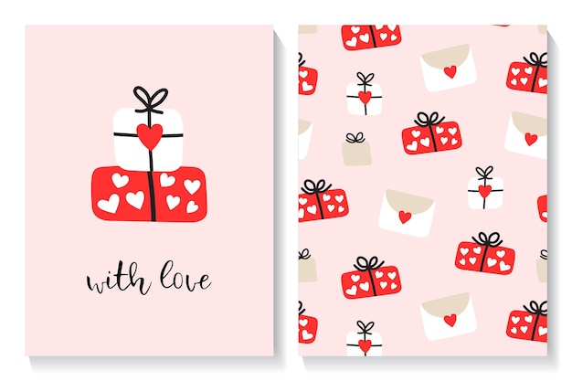 Set of Valentines card and seamless pattern with cute gifts and letters