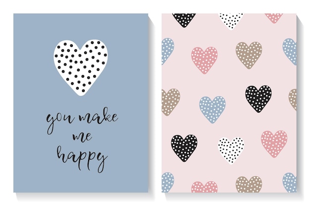 Set of Valentines card and seamless pattern with cute heart and dots. Vector illustrations