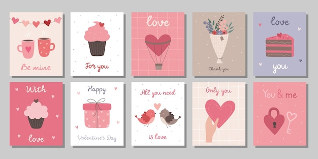 A set of valentines day cards love elements