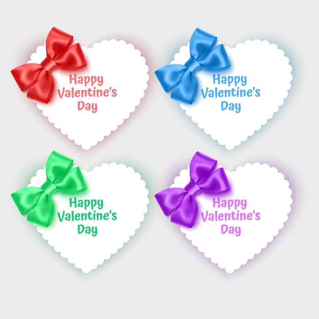 Vector set of valentines day cards in the shape of a heart decorated with realistic bows of bright colors