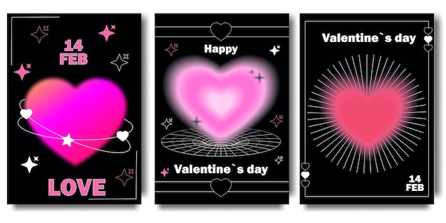 Vector set of valentines day cards in y2k style modern abstract art design with hearts