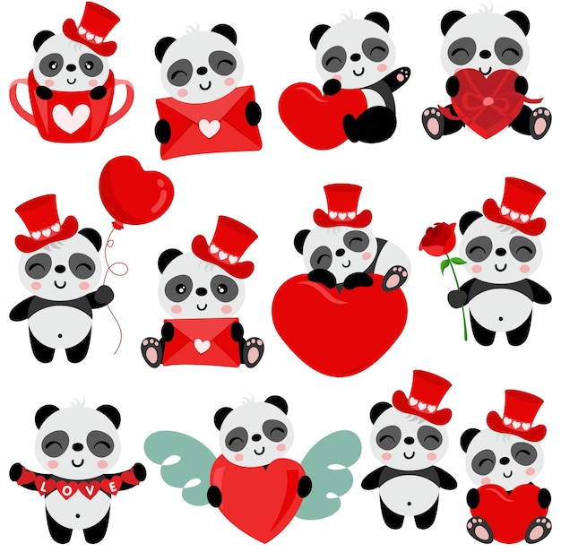 Vettore set di panda carino per il giorno di san valentino