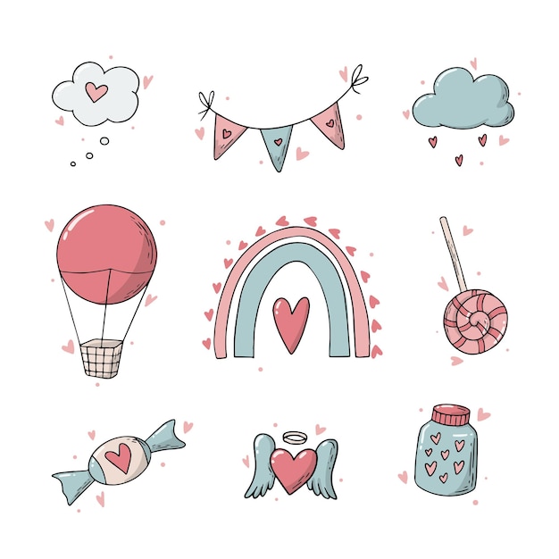 Vector set of valentines day doodles for stickers and clipart