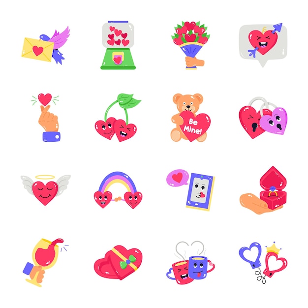 Set of Valentines Day Flat Stickers