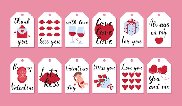 문자 및 디자인 요소가 포함된 발렌타인 데이 선물 태그 템플릿 집합입니다. 로맨틱 라벨, 카드