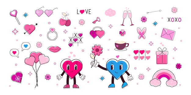 Настройка дня святого Валентина Прекрасное сердце Свадьба и любовь концепция Сердца персонажи и элементы