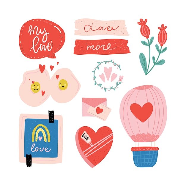 Set of Valentines day vector illustration Trendy color palette and cute romantic elements D