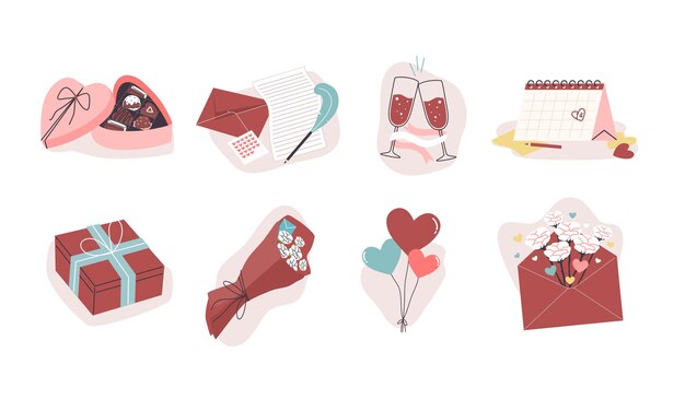 Vector set of valentines vibe stuff, box of chocolate, letter, wine, calendar, gift box, flowers, balloons.