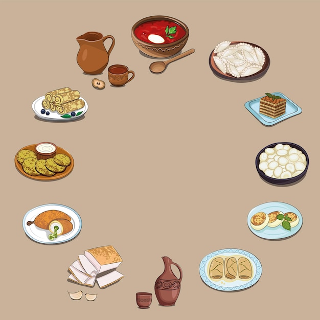 Vector set van 12 meest populaire gerechten uit de nationale oekraïense keuken op een vierkante beige banner, platte vector
