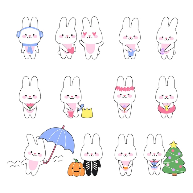 Set van 12 schattige kawaii konijnen Grappig konijnenkarakter in verschillende poses Concept vakanties en seizoen