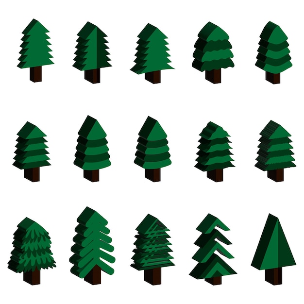 Set van 15 3d-kerstbomen, verzameling van 15 vector 3d-kerstbomen