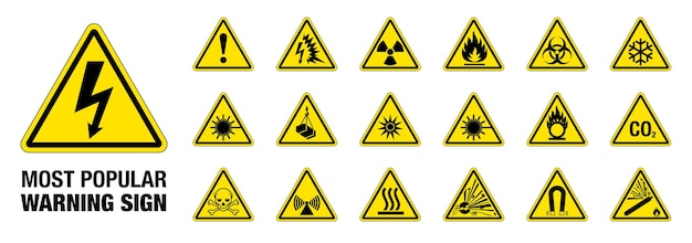 Set van 18 meest populaire geïsoleerde gevaarlijke symbolen op geel rond waarschuwingsbord met driehoek