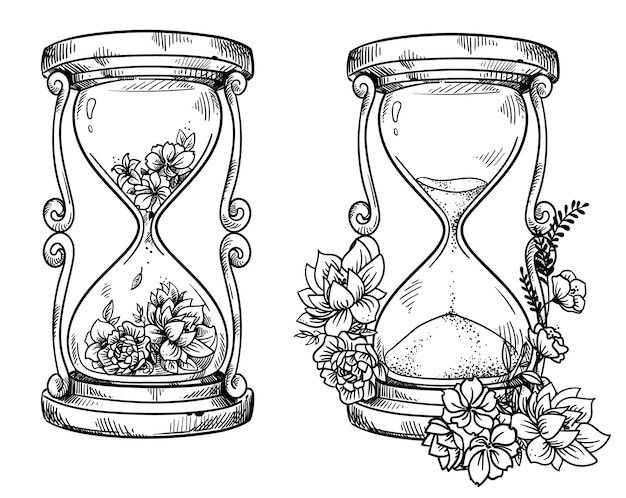 Set van 2 vintage zandlopers met bloemen vector tekening