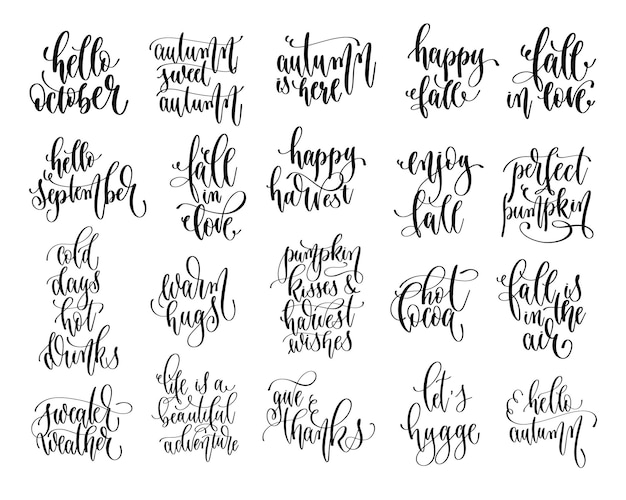 Vector set van 20 herfst citaten hand belettering inscriptie tekst herfst kalligrafie collectie