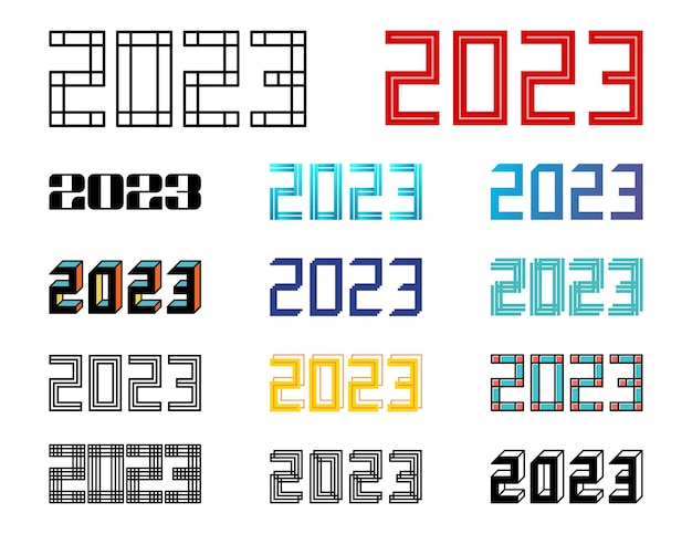 Set van 2023 gelukkig nieuwjaar logo tekstontwerp 2023 nummer ontwerpsjabloon verzameling van gelukkig nieuwjaar symbolen vectorillustratie