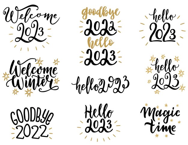 Set van 2023 Happy New Year logo belettering ontwerp 2023 nummer ontwerpsjabloon Collectie van 2023