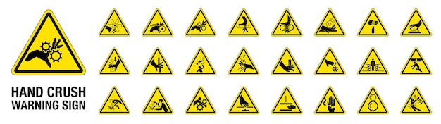 Set van 24 geïsoleerde Hand Crush Force gevaarlijke symbolen op geel rond driehoeksbord waarschuwingsbord