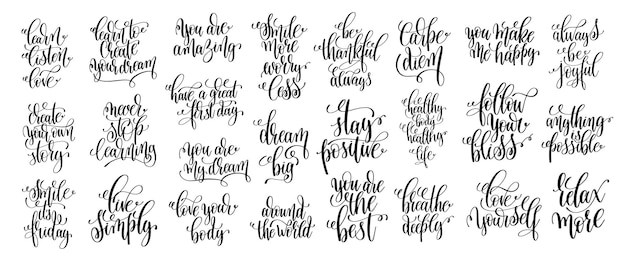 Set van 25 hand belettering positieve zinnen zwart-wit inspirerende citaat kalligrafie