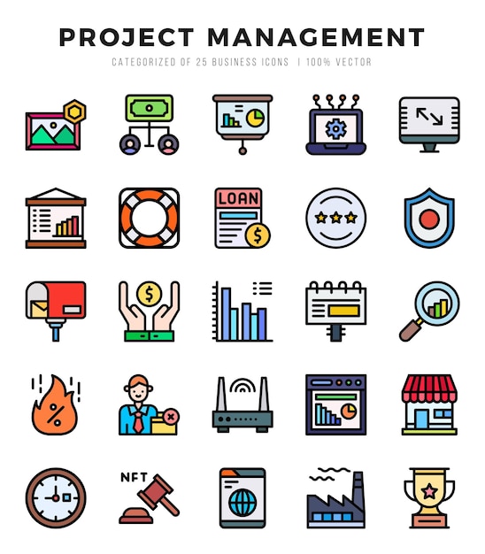 Set van 25 Project Management Lineal Color Icons Pack
