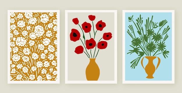 Set van 3 Floral Botanische Handgetekende Illustratie Bloemenmarkt Poster Print