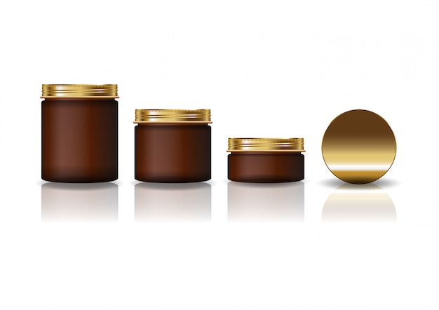 Set van 3 formaten bruine cosmetische ronde pot met gouden deksel voor schoonheid of gezond product.