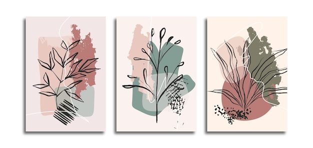 Set van 3 kunstposters aan de muur met bladeren en abstracte vormen