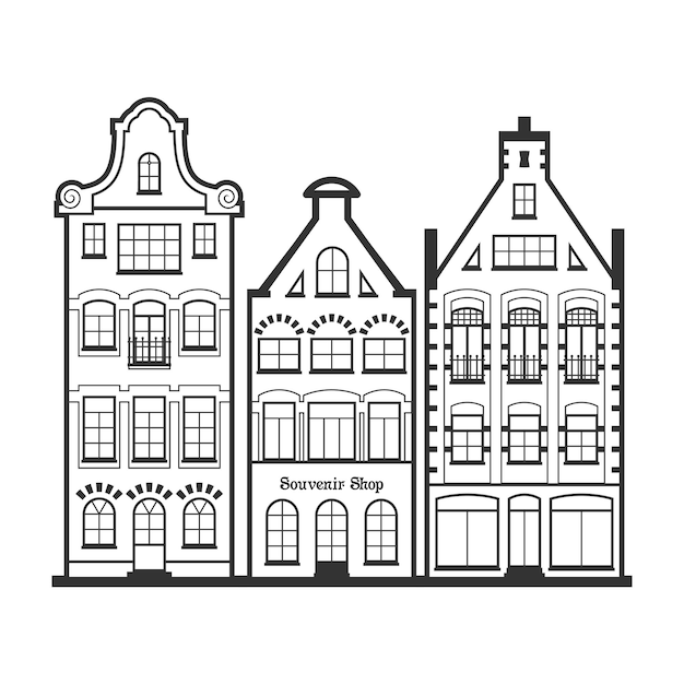 Set van 3 lijnstijl Amsterdam oude huizen gevels