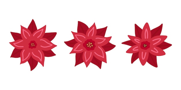 Set van 3 poinsettia christmas star rode bloemen eenvoudige hand getrokken platte doodle vectorillustratie