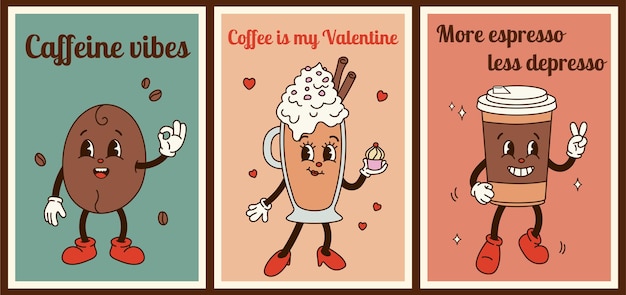Set van 3 posters met hippe koffiekarakters met motivatiecitaten in retro cartoonstijl uit de jaren 60 en 70