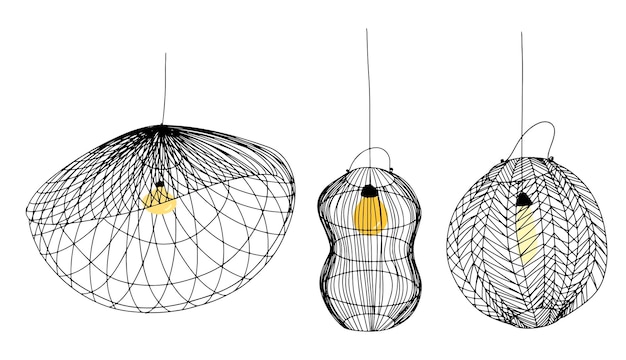 Vector set van 3 rotan lampen in doodle stijl