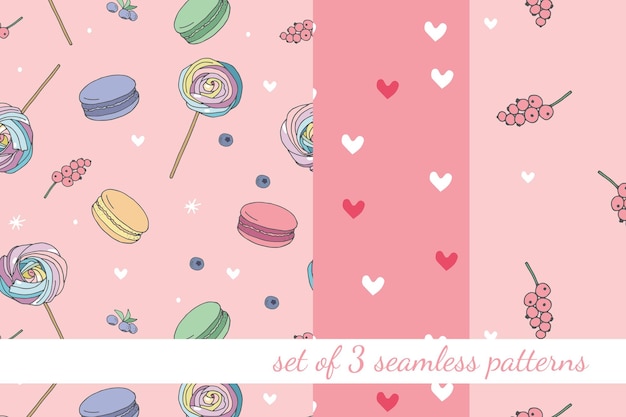 Set van 3 vector naadloze patronen met desserts en decoratieve elementen in cartoon-stijl