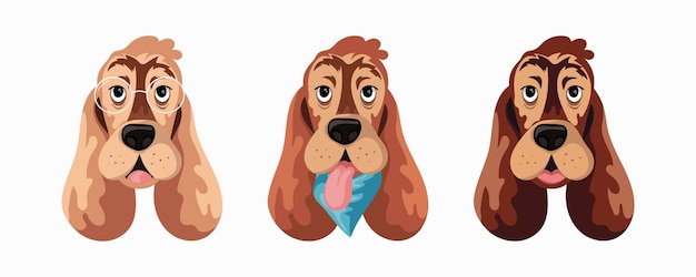 Set van 3 verschillende Basset honden portretten. Honden met een bril, hoofddoek en hangende tong.