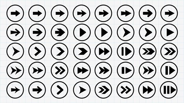 Set van 35 zwarte pijlpalen in cirkels Pijlen wijzen in verschillende richtingen Cirkelvormige pijlpijlen voor navigatie Eenvoudige zwarte pijlen in cirkels Element vector set