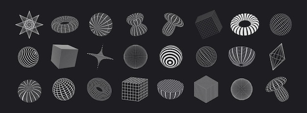 set van 3D en abstracte wireframe vormen in y2k stijl