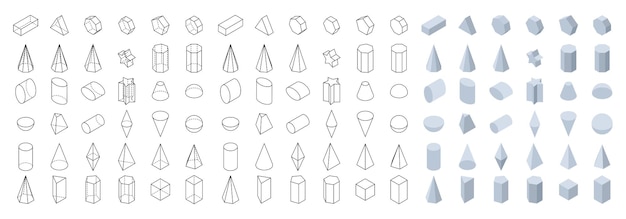 Set van 3D geometrische basisvormen Isometrisch aanzicht Objecten voor schoolgeometrie en wiskunde