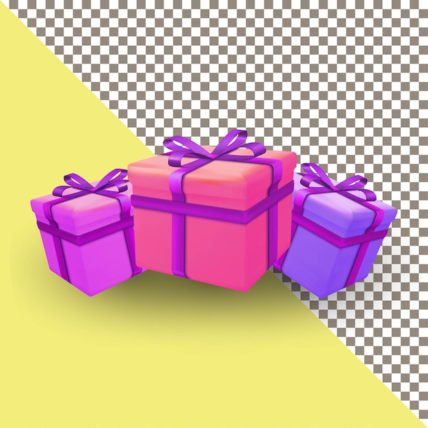 Set van 3D-geschenkdozen verpakt paars lint geïsoleerd op een transparante achtergrond