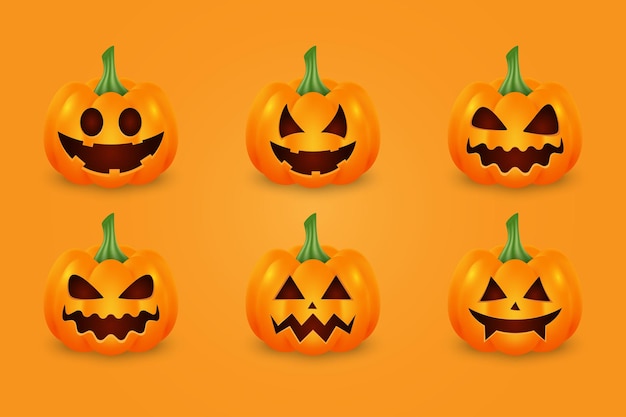 Set van 3d pompoen op oranje achtergrond oranje pompoen met ander gezicht voor de vakantie halloween 3d vector illustratie