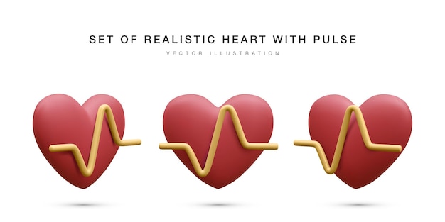 Set van 3D-realistische rood hart met gele puls voor medische apps en websites Medische gezondheidszorg concept Hartslag hartslag lijn cardiogram Vector illustratie