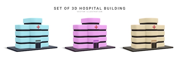 Set van 3D-realistische ziekenhuisgebouw geïsoleerd op witte achtergrond Gezondheidszorg ontwerpconcept Vector illustratie