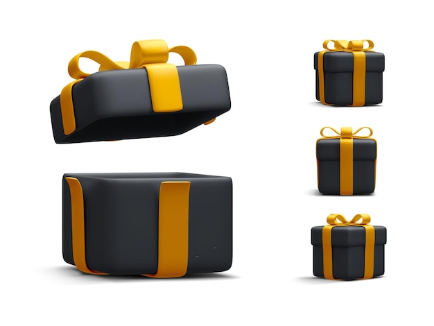 Set van 3D-realistische zwarte geschenkdozen met gouden lint geïsoleerd op witte achtergrond Verrassingsdozen Vector illustratie