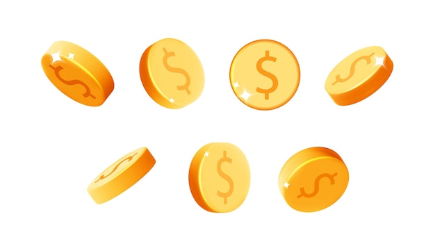 Set van 3D-vector gouden dollar munten in verschillende posities pictogram ontwerp