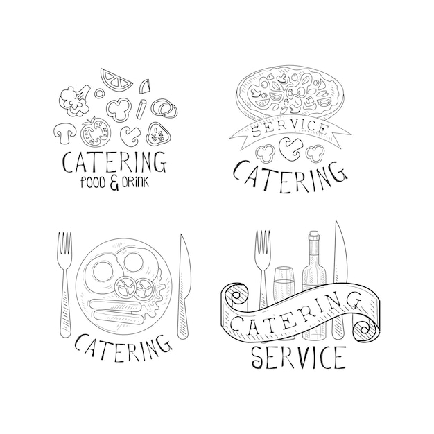 Set van 4 creatieve logo's voor cateringdiensten Schetsstijl emblemen met groenten smakelijke pizza Engels ontbijt wijnfles en glas Voedsel thema Hand getekende vector voor zakelijke bedrijfsinsignes