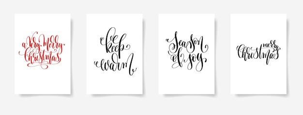 set van 4 hand belettering vector posters op een wit vel papier - een heel vrolijk kerstfeest, warm houden, seizoen van vreugde, vrolijk kerstfeest - kalligrafie illustratie collectie