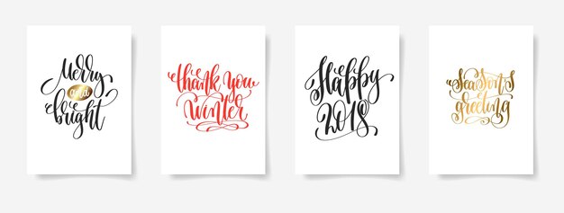 set van 4 hand belettering vector posters op een wit vel papier - vrolijk en helder, dank u winter, gelukkig 2018, seizoensgroet - kalligrafie illustratie collectie