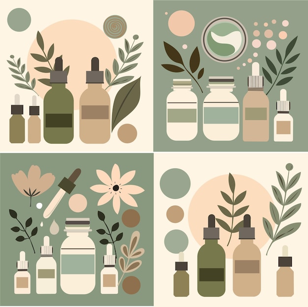 Set van 4 illustraties natuurlijke cosmetica serumcrèmes voor zelfzorg
