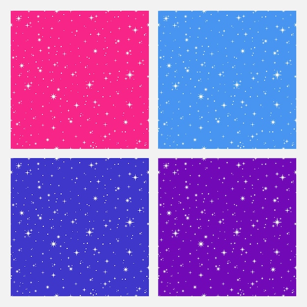 Set van 4 kleurrijke naadloze patroon met witte kleine sterren. Hemels naadloos patroon.