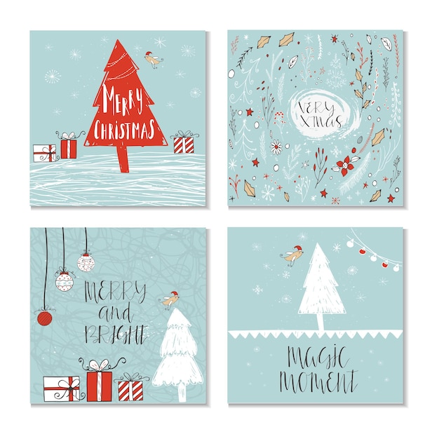 Vector set van 4 leuke kerstcadeaukaarten met quote merry christmas, vrolijke en heldere, warme wensen, magische momenten. gemakkelijk bewerkbare sjabloon. vector.