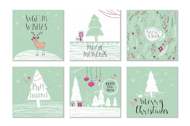 Set van 4 leuke kerstcadeaukaarten met quote merry christmas, vrolijke en heldere warme wensen