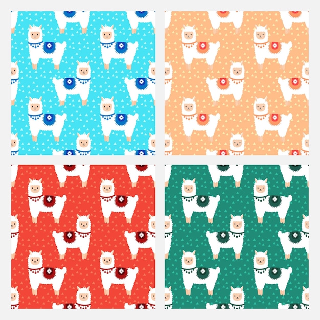 Set van 4 naadloze patronen met schattige alpaca's. Leuk en kinderachtig ontwerp voor stof, textiel.