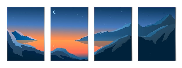 Set van 4 nachtlandschap van bergen en meer vector